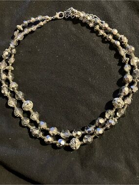 Crystal Bead Double-Strand Necklace - Silver Tone
